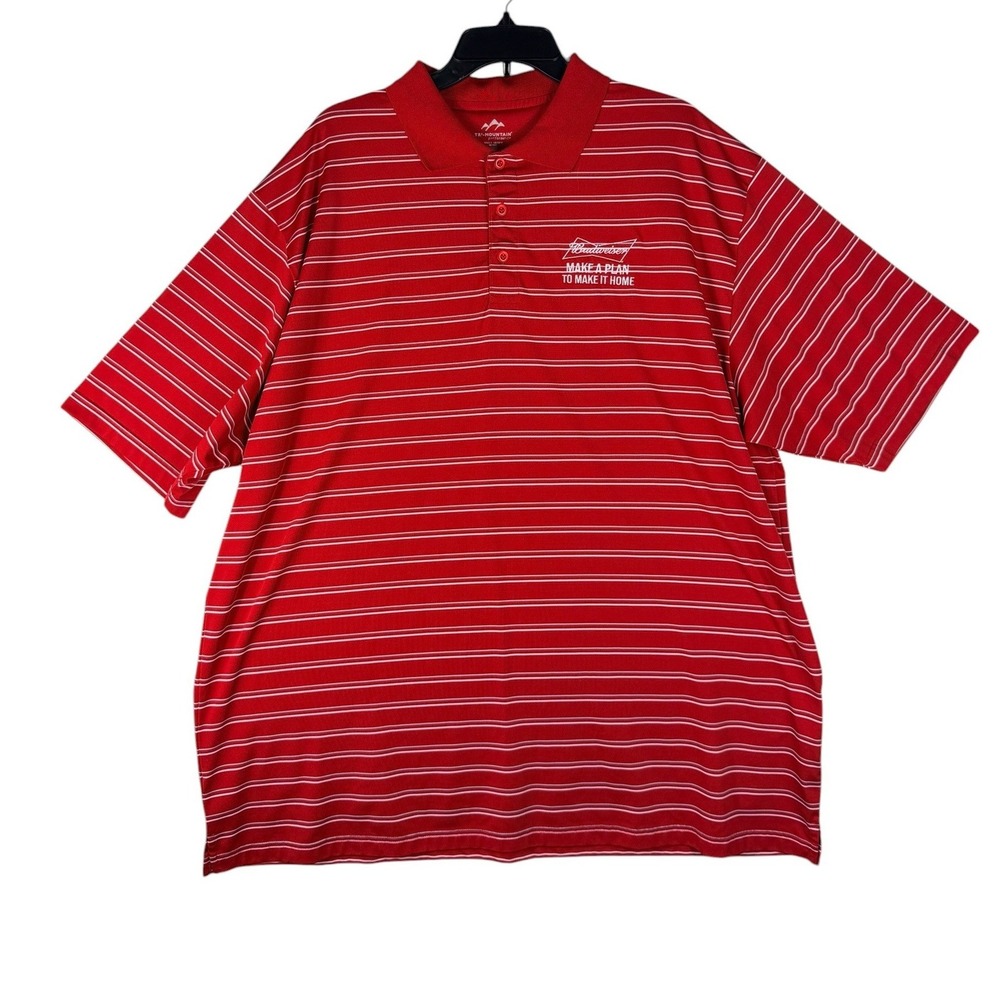 Tri-Mountain Performance Budweiser Polo Shirt Mens 2XL Red‎ Striped Short Sleeve